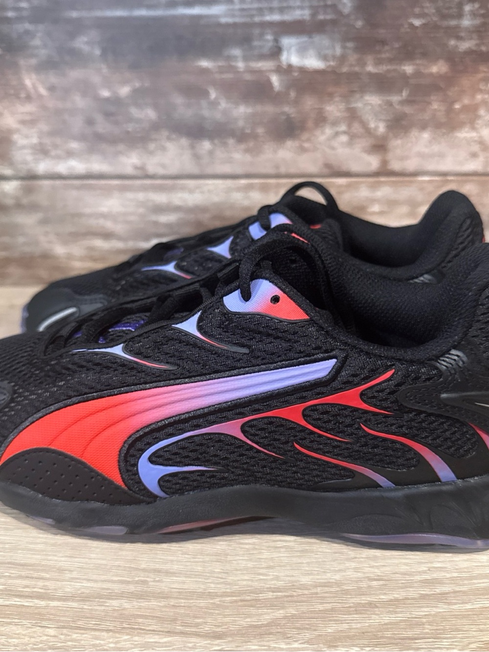 Puma Kids Black Sneakers with Red and Purple Flame Accents